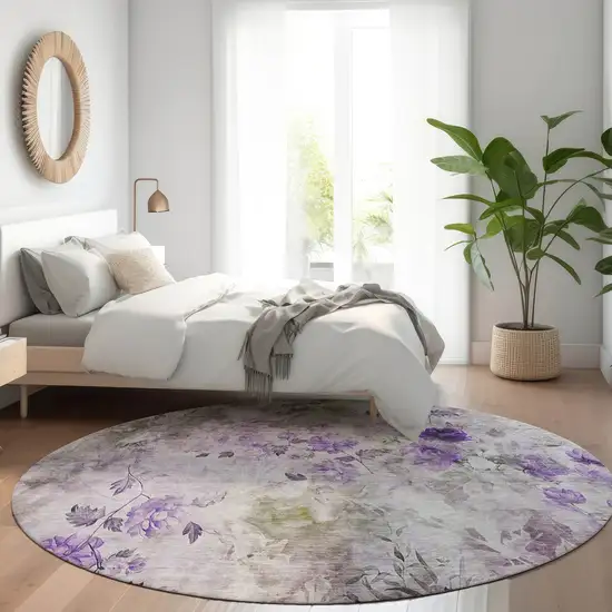 8' Purple Lavender And Artichoke Green Round Floral Washable Indoor Outdoor Area Rug Photo 9