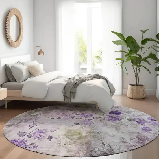 8' Purple Lavender And Artichoke Green Round Floral Washable Indoor Outdoor Area Rug Photo 9