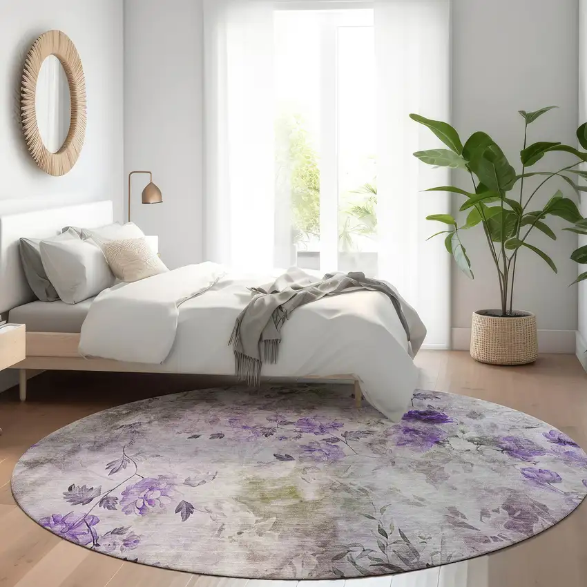 8' Purple Lavender And Artichoke Green Round Floral Washable Indoor Outdoor Area Rug Photo 9