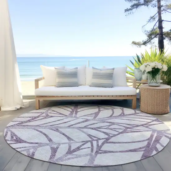 8' Purple Lavender And Beige Round Floral Washable Indoor Outdoor Area Rug Photo 6