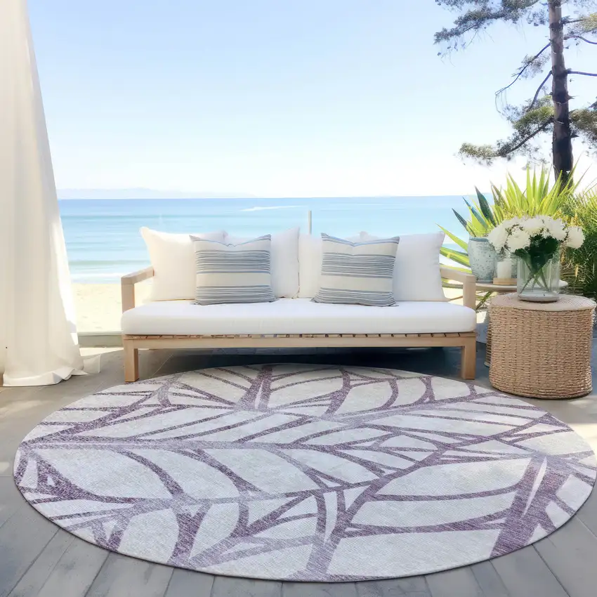 8' Purple Lavender And Beige Round Floral Washable Indoor Outdoor Area Rug Photo 6