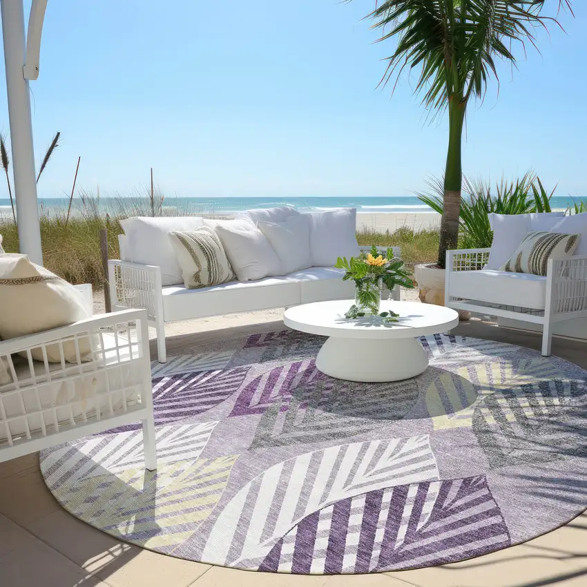 8' Purple Lavender And Beige Round Floral Washable Indoor Outdoor Area Rug Photo 8