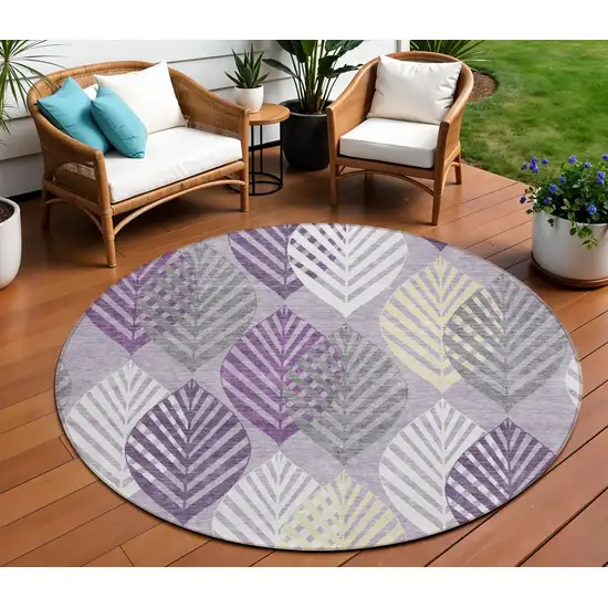 8' Purple Lavender And Beige Round Floral Washable Indoor Outdoor Area Rug Photo 1