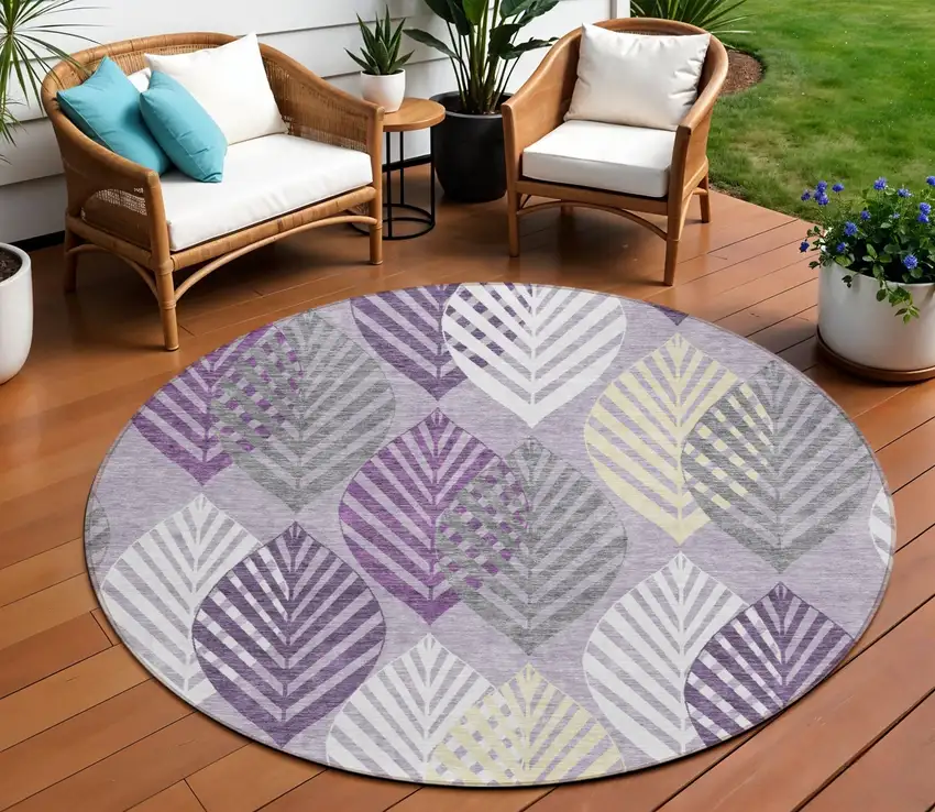 8' Purple Lavender And Beige Round Floral Washable Indoor Outdoor Area Rug Photo 1