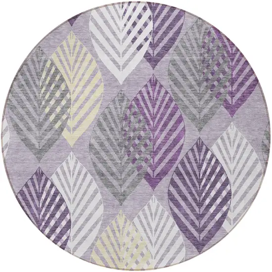 8' Purple Lavender And Beige Round Floral Washable Indoor Outdoor Area Rug Photo 6