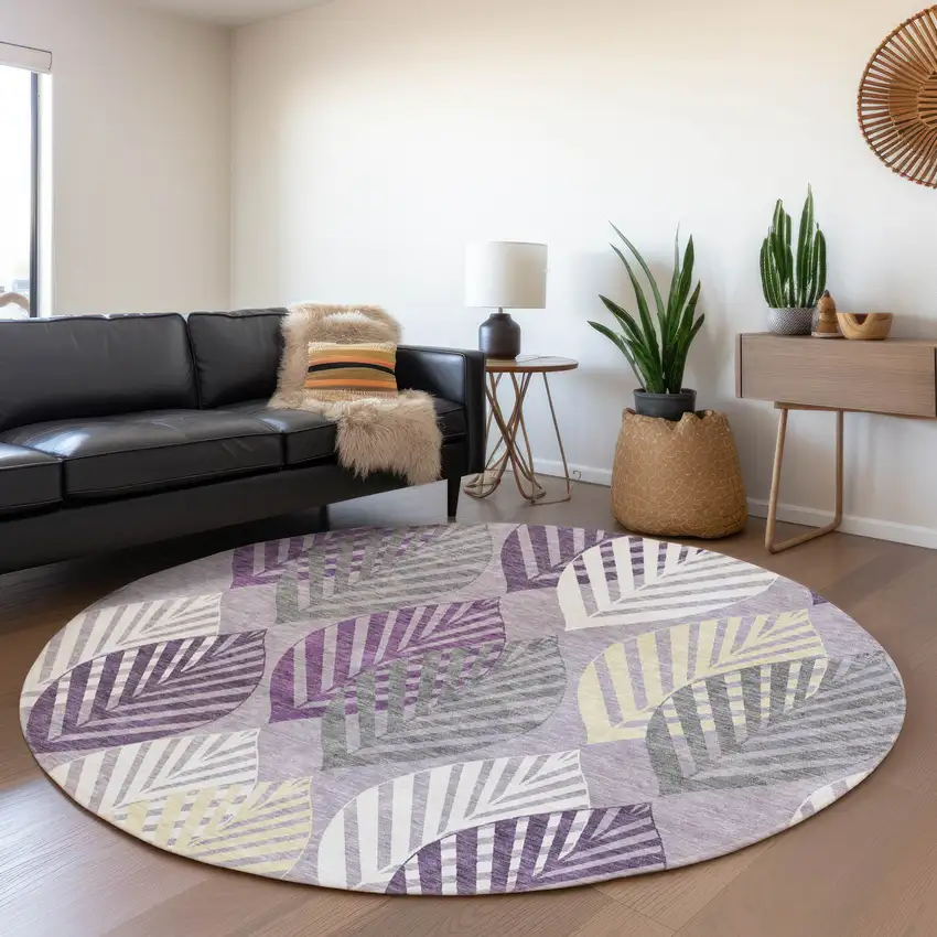 8' Purple Lavender And Beige Round Floral Washable Indoor Outdoor Area Rug Photo 9