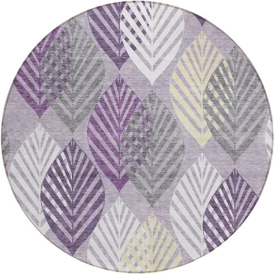 8' Purple Lavender And Beige Round Floral Washable Indoor Outdoor Area Rug Photo 2