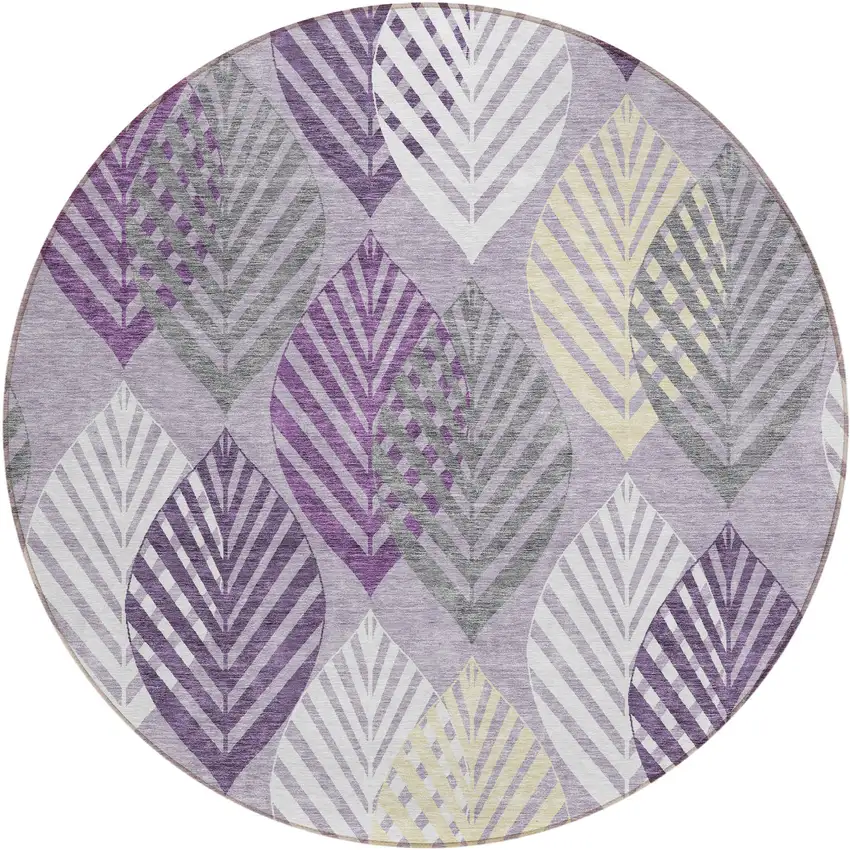 8' Purple Lavender And Beige Round Floral Washable Indoor Outdoor Area Rug Photo 2
