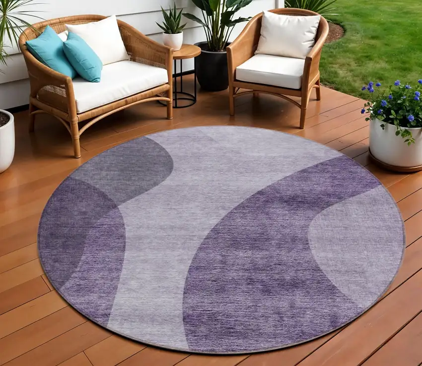 8' Purple Lavender And Eggplant Round Abstract Washable Indoor Outdoor Area Rug Photo 1