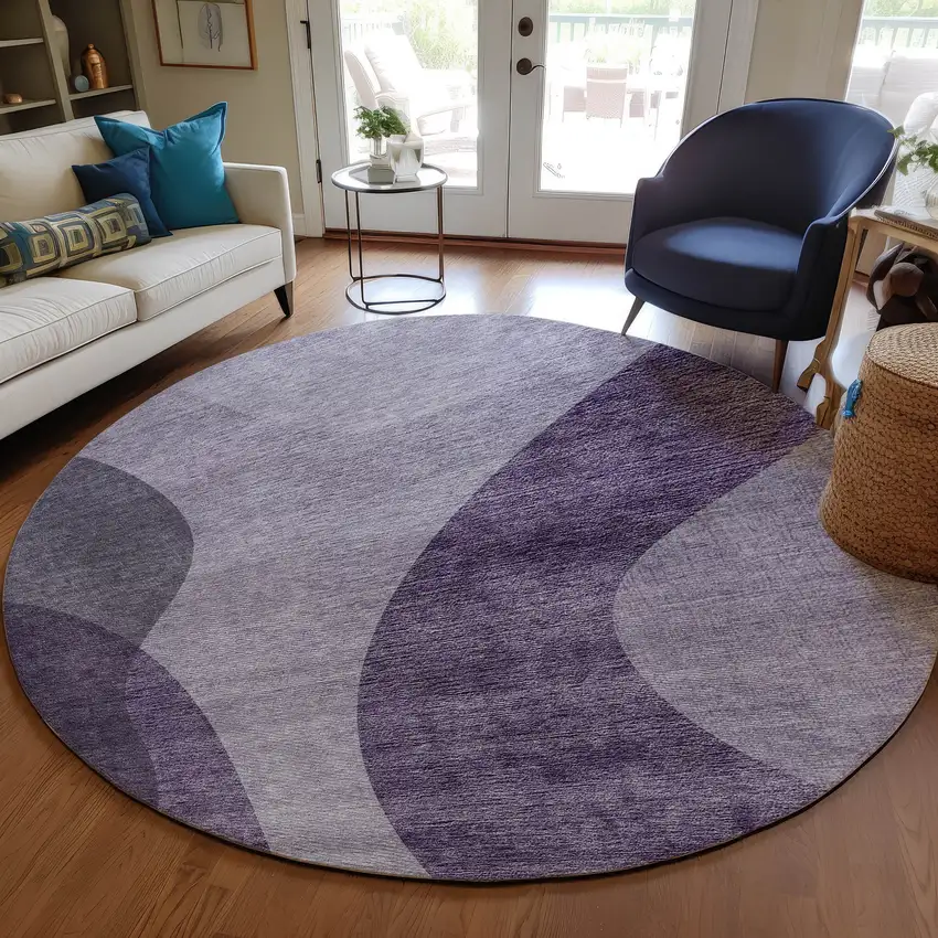 8' Purple Lavender And Eggplant Round Abstract Washable Indoor Outdoor Area Rug Photo 7