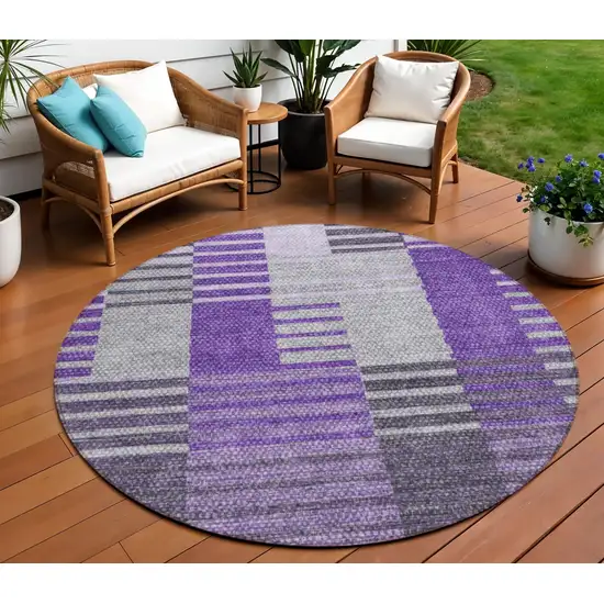 8' Purple Lavender And Eggplant Round Striped Washable Indoor Outdoor Area Rug Photo 1
