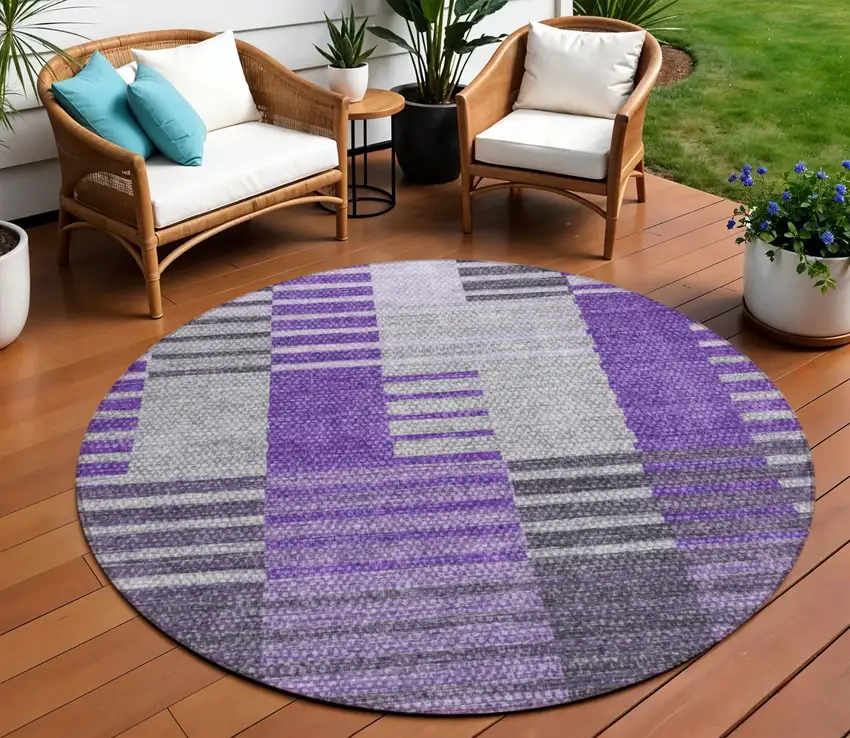 8' Purple Lavender And Eggplant Round Striped Washable Indoor Outdoor Area Rug Photo 1