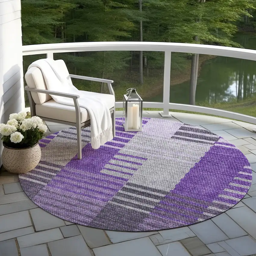 8' Purple Lavender And Eggplant Round Striped Washable Indoor Outdoor Area Rug Photo 6