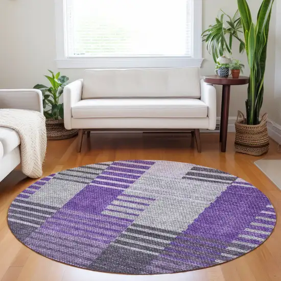 8' Purple Lavender And Eggplant Round Striped Washable Indoor Outdoor Area Rug Photo 7