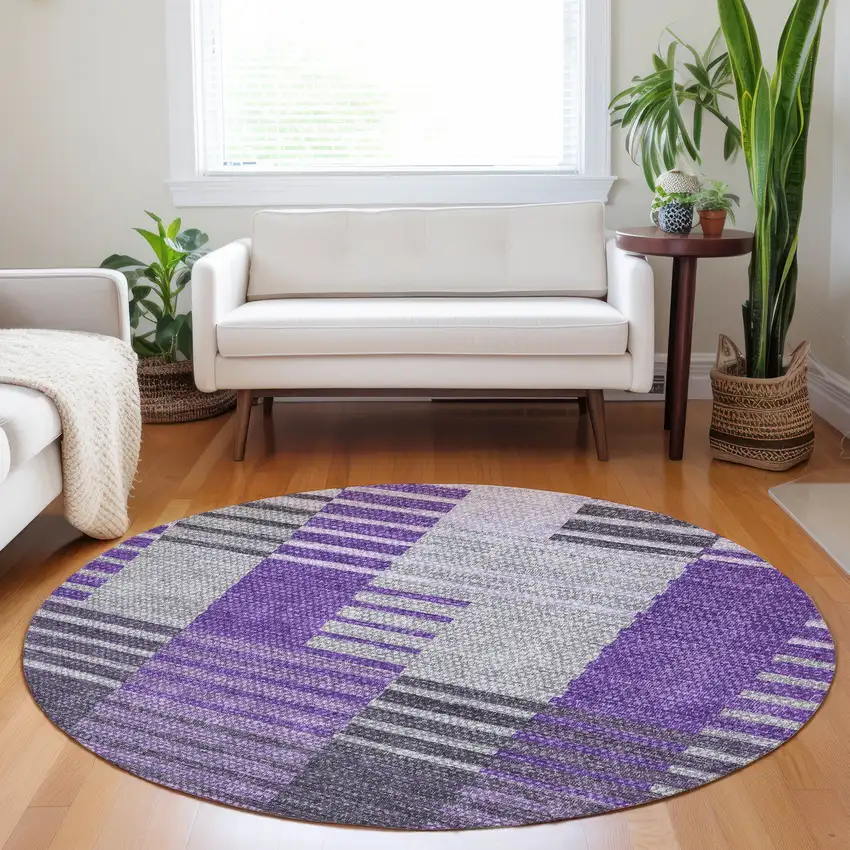 8' Purple Lavender And Eggplant Round Striped Washable Indoor Outdoor Area Rug Photo 7