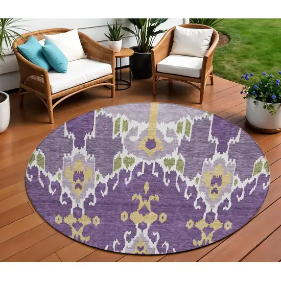 8' Purple Lavender And Gold Round Ikat Washable Indoor Outdoor Area Rug Photo 1