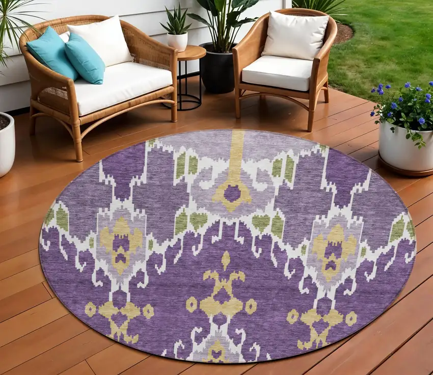 8' Purple Lavender And Gold Round Ikat Washable Indoor Outdoor Area Rug Photo 1
