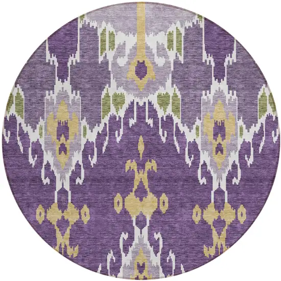 8' Purple Lavender And Gold Round Ikat Washable Indoor Outdoor Area Rug Photo 1