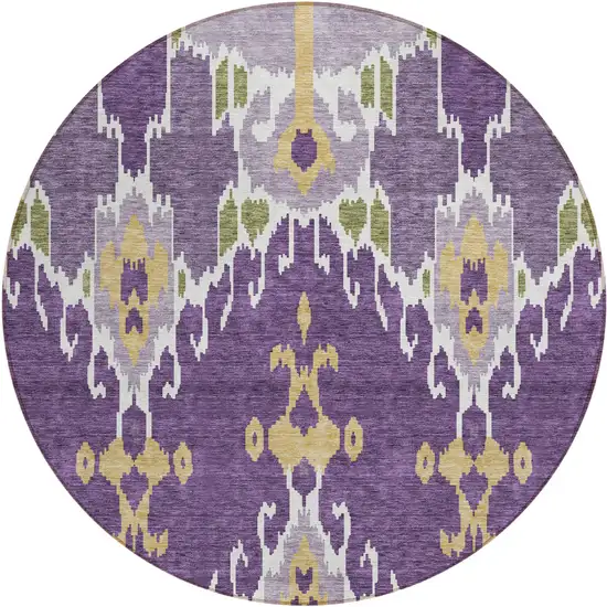 8' Purple Lavender And Gold Round Ikat Washable Indoor Outdoor Area Rug Photo 1
