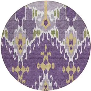 Photo of 8' Purple Lavender And Gold Round Ikat Washable Indoor Outdoor Area Rug