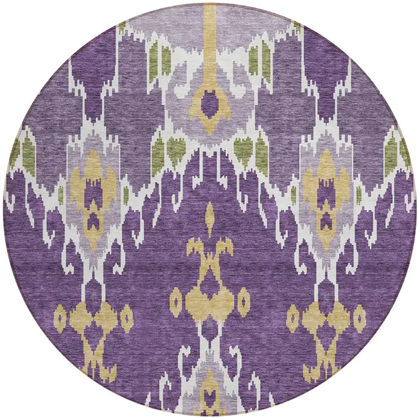 8' Purple Lavender And Gold Round Ikat Washable Indoor Outdoor Area Rug Photo 1