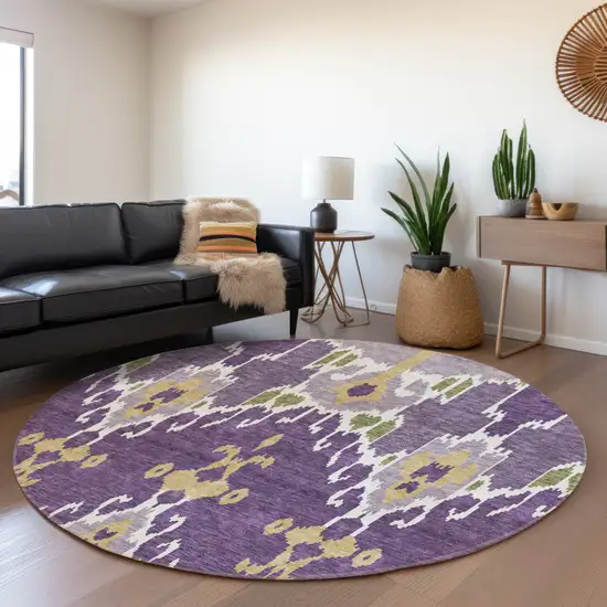 8' Purple Lavender And Gold Round Ikat Washable Indoor Outdoor Area Rug Photo 8