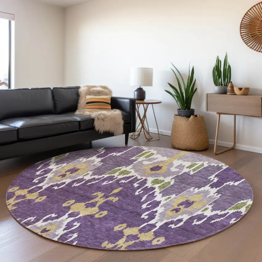 8' Purple Lavender And Gold Round Ikat Washable Indoor Outdoor Area Rug Photo 8