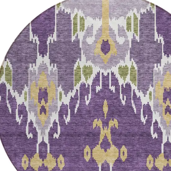 8' Purple Lavender And Gold Round Ikat Washable Indoor Outdoor Area Rug Photo 5