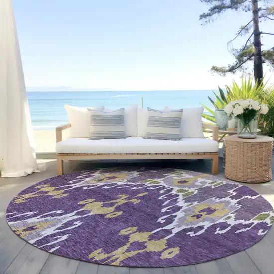 8' Purple Lavender And Gold Round Ikat Washable Indoor Outdoor Area Rug Photo 7