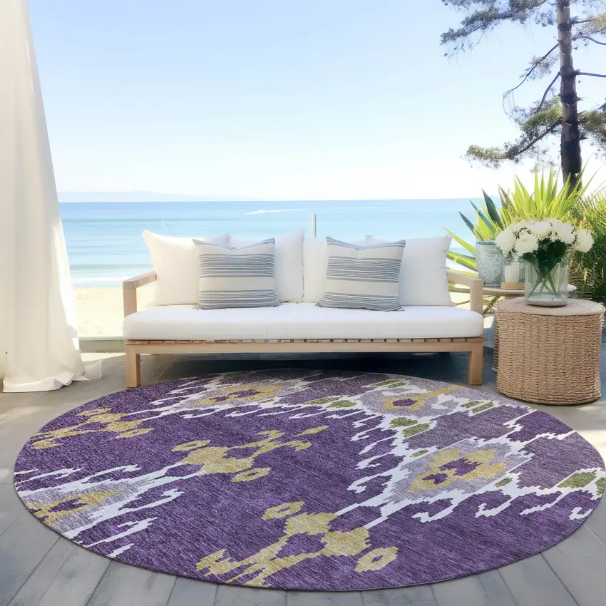 8' Purple Lavender And Gold Round Ikat Washable Indoor Outdoor Area Rug Photo 7
