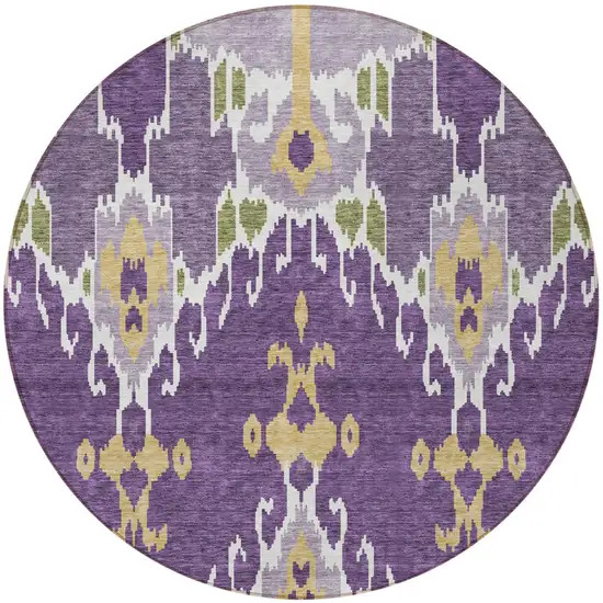 8' Purple Lavender And Gold Round Ikat Washable Indoor Outdoor Area Rug Photo 6