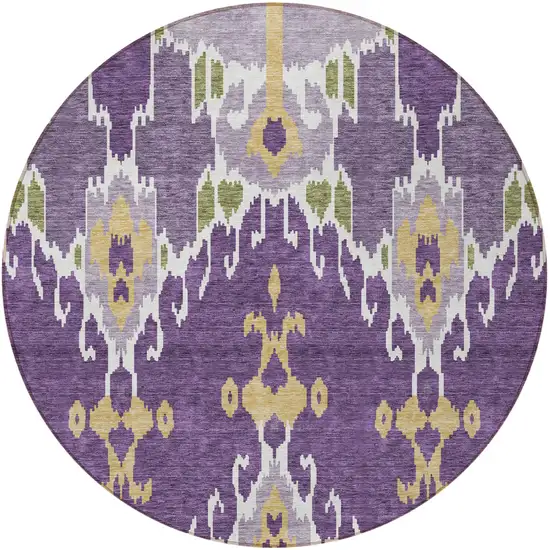 8' Purple Lavender And Gold Round Ikat Washable Indoor Outdoor Area Rug Photo 6