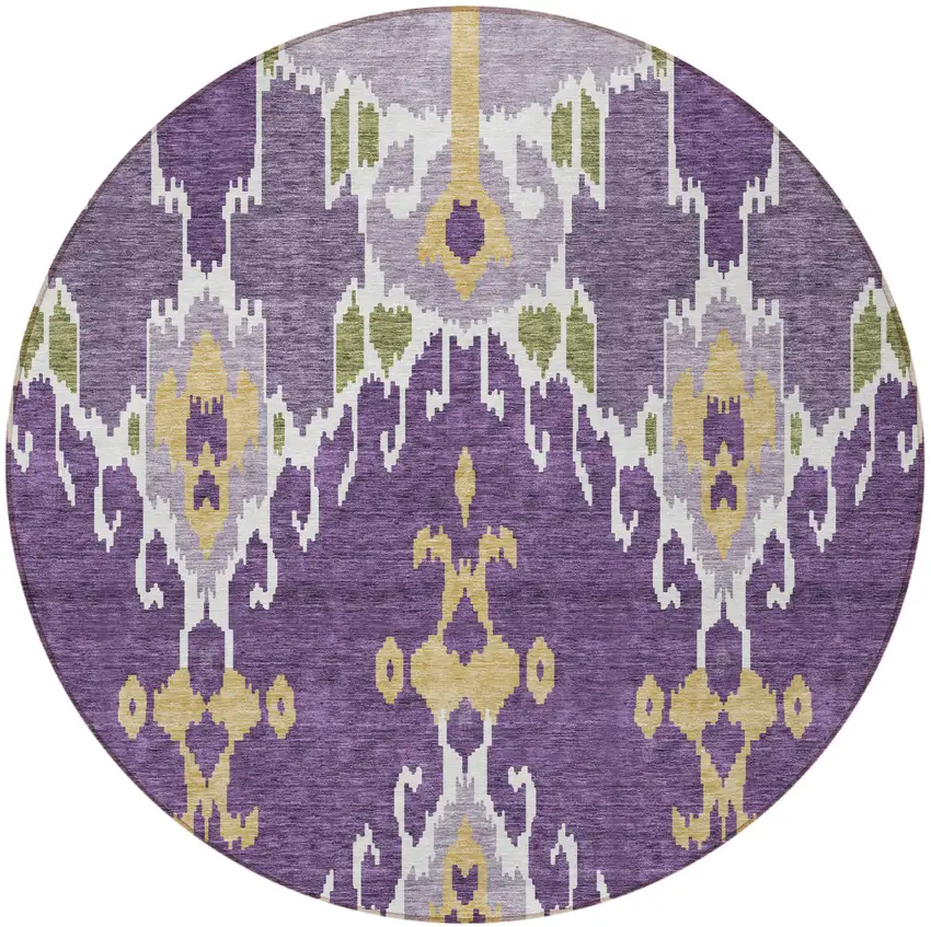 8' Purple Lavender And Gold Round Ikat Washable Indoor Outdoor Area Rug Photo 6