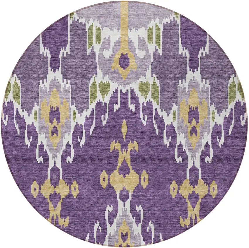 8' Purple Lavender And Gold Round Ikat Washable Indoor Outdoor Area Rug Photo 6