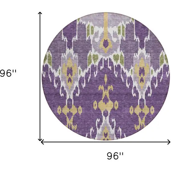 8' Purple Lavender And Gold Round Ikat Washable Indoor Outdoor Area Rug Photo 9