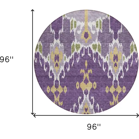 8' Purple Lavender And Gold Round Ikat Washable Indoor Outdoor Area Rug Photo 9