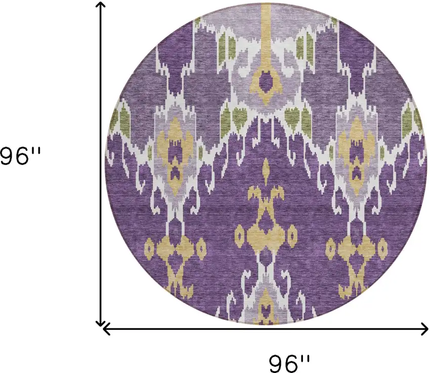 8' Purple Lavender And Gold Round Ikat Washable Indoor Outdoor Area Rug Photo 9