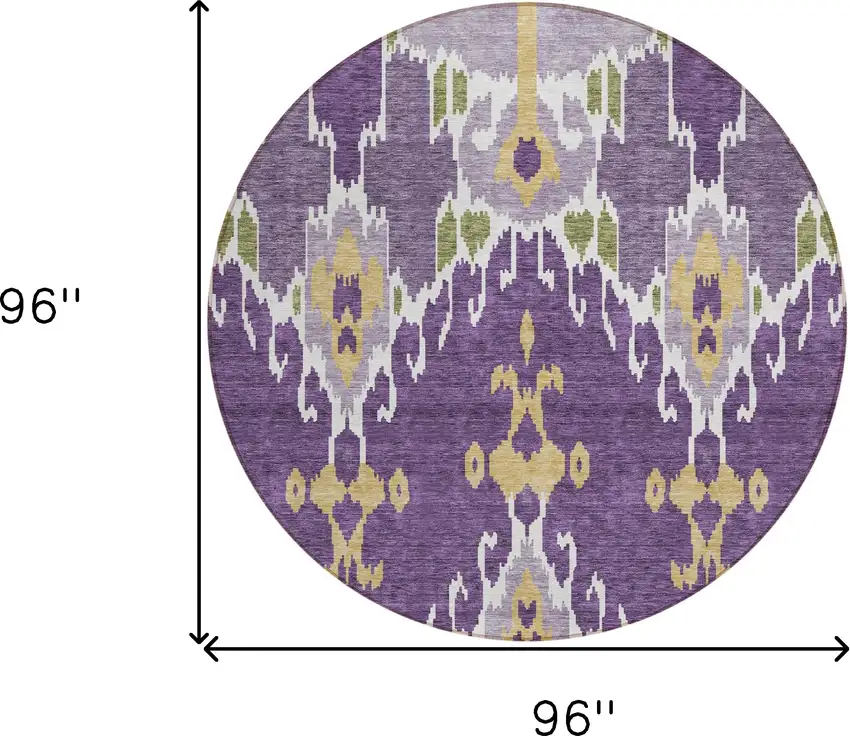 8' Purple Lavender And Gold Round Ikat Washable Indoor Outdoor Area Rug Photo 9