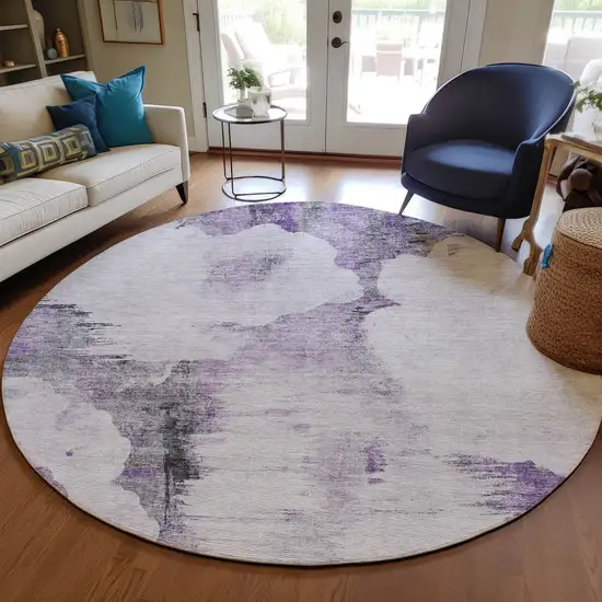 8' Purple Lavender And Gray Round Abstract Washable Indoor Outdoor Area Rug Photo 6