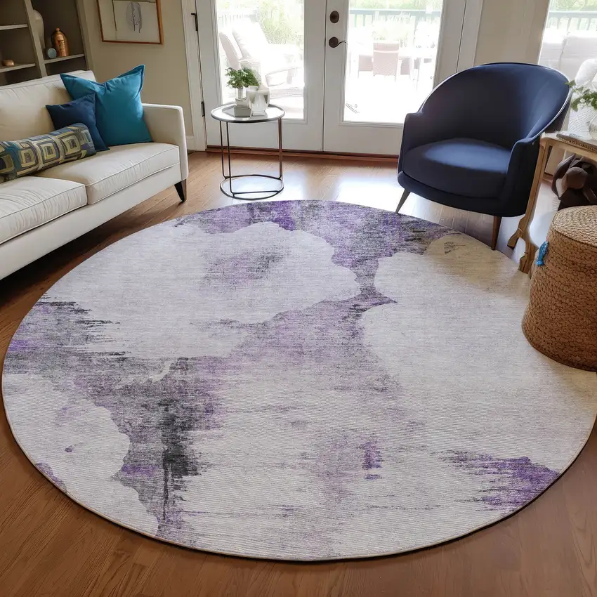 8' Purple Lavender And Gray Round Abstract Washable Indoor Outdoor Area Rug Photo 6