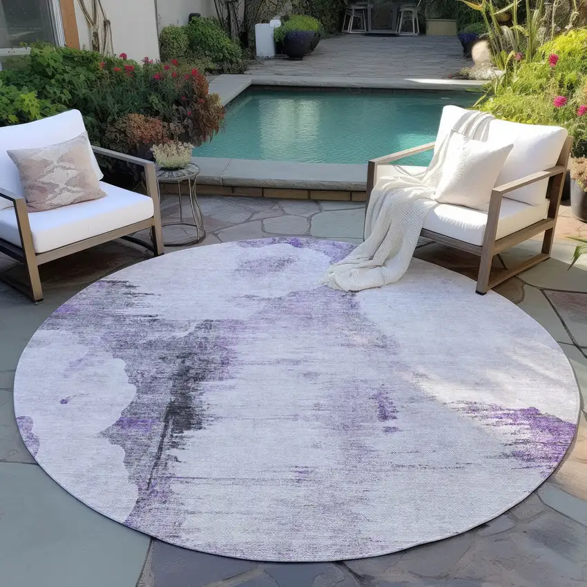 8' Purple Lavender And Gray Round Abstract Washable Indoor Outdoor Area Rug Photo 5