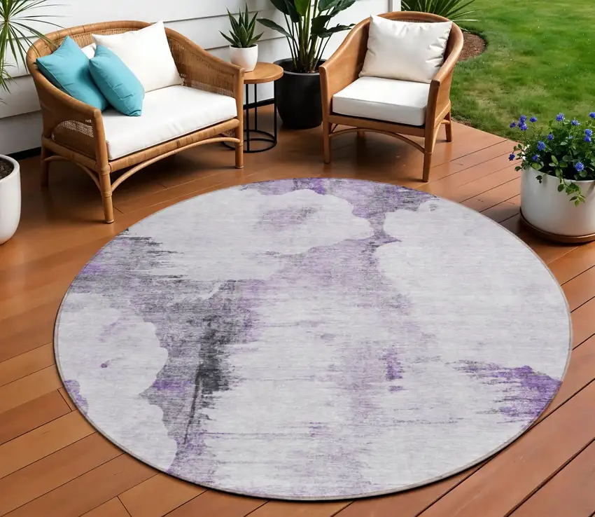 8' Purple Lavender And Gray Round Abstract Washable Indoor Outdoor Area Rug Photo 1