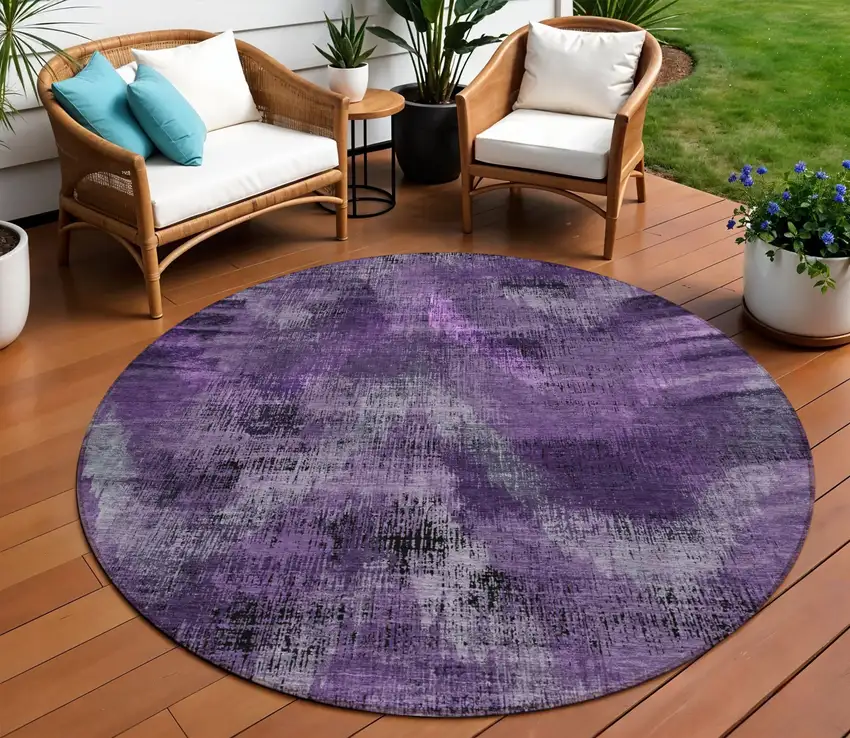 8' Purple Lavender And Gray Round Abstract Washable Indoor Outdoor Area Rug Photo 1