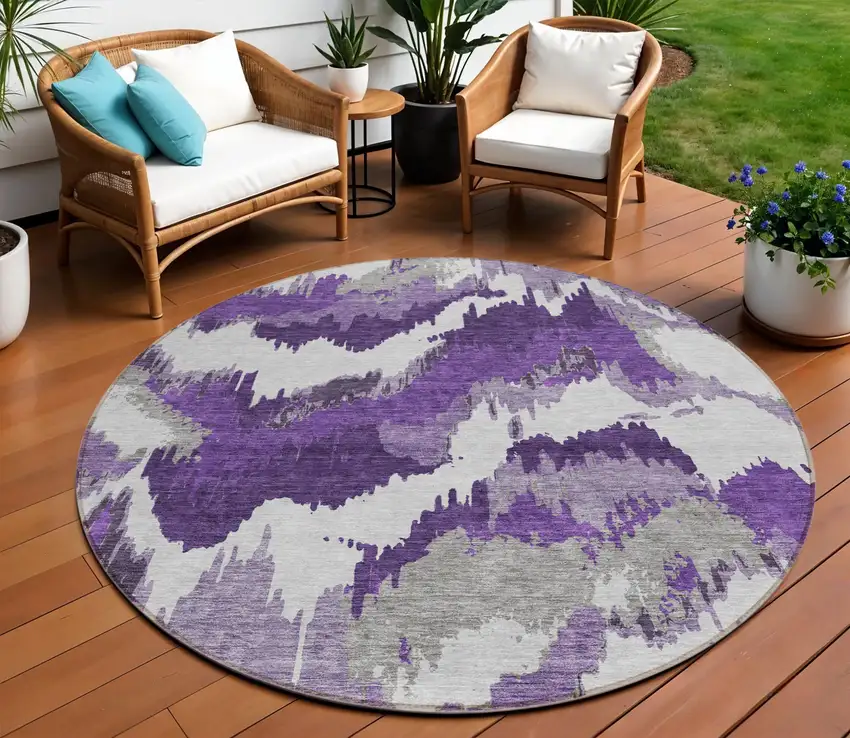 8' Purple Lavender And Gray Round Abstract Washable Indoor Outdoor Area Rug Photo 1
