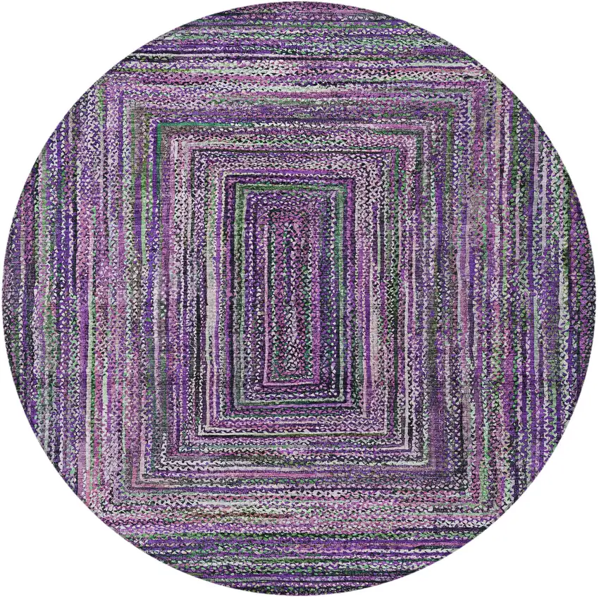 8' Purple Lavender And Gray Round Geometric Washable Indoor Outdoor Area Rug Photo 3