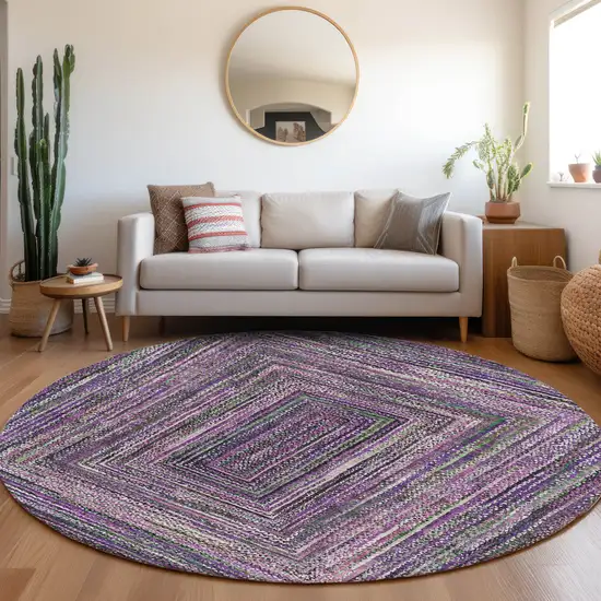 8' Purple Lavender And Gray Round Geometric Washable Indoor Outdoor Area Rug Photo 6