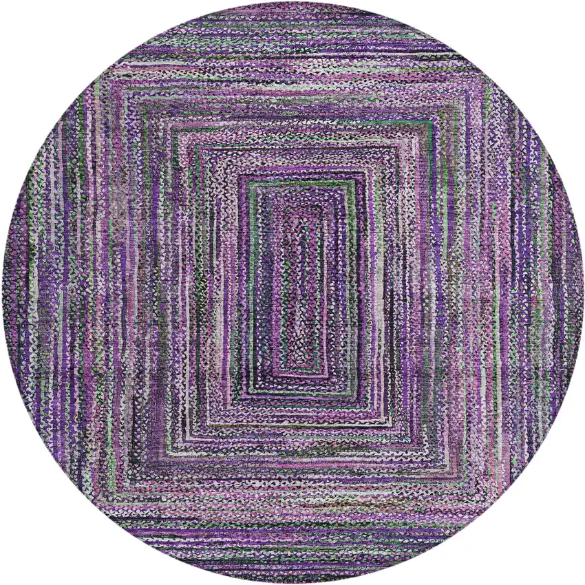 8' Purple Lavender And Gray Round Geometric Washable Indoor Outdoor Area Rug Photo 1