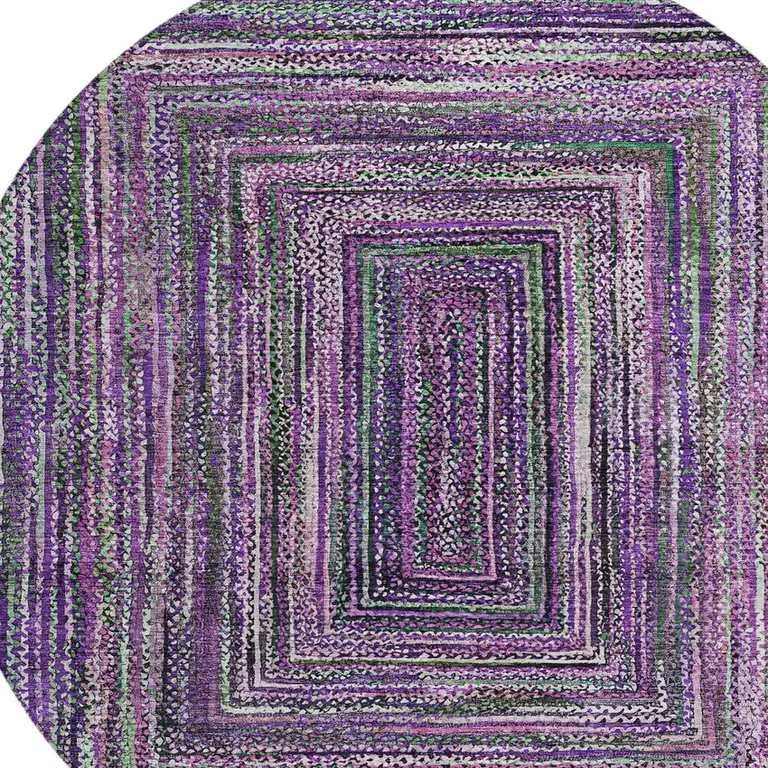 8' Purple Lavender And Gray Round Geometric Washable Indoor Outdoor Area Rug Photo 8