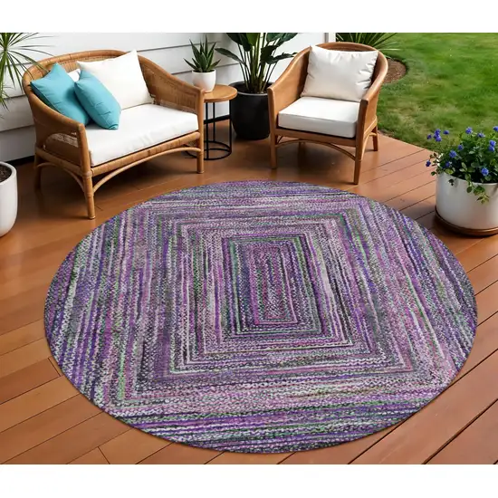 8' Purple Lavender And Gray Round Geometric Washable Indoor Outdoor Area Rug Photo 2