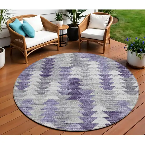 8' Purple Lavender And Gray Round Geometric Washable Indoor Outdoor Area Rug Photo 1